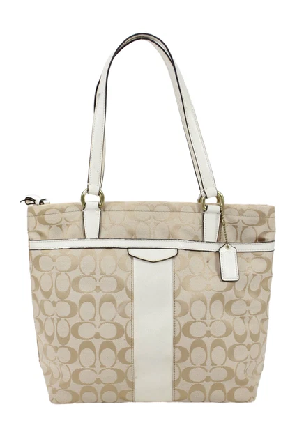 Coach Womens Leather Trim Monogram Embroidered Shoulder Bag Handbag Beige