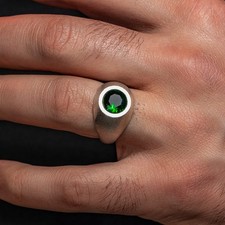 925 Sterling Silver Basic Handmade Round Green Zircon Stone Men Ring
