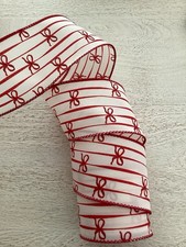 5 YARDS CHRISTMAS STRIPE  BOWS PRINT WIRED EDGE RIBBON,  2 1/2" Wide