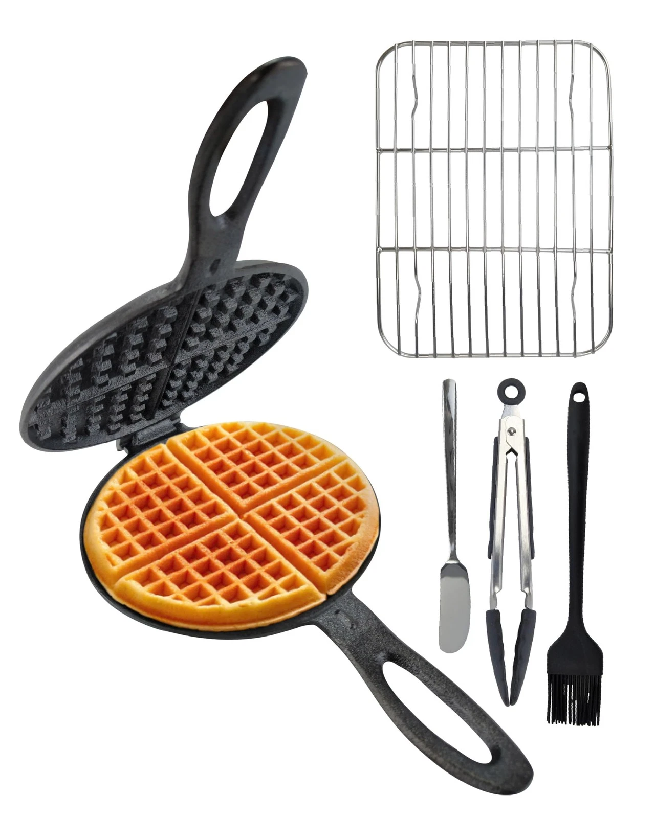 Cast Iron Waffle Maker Stove Top Bundle (5-Pieces) for Camping Grill or Stove...