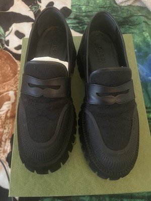 GUCCI 739776 Canvas Black Rubber Miro GG Sole Men Lug Loafers G9.5 - 10US