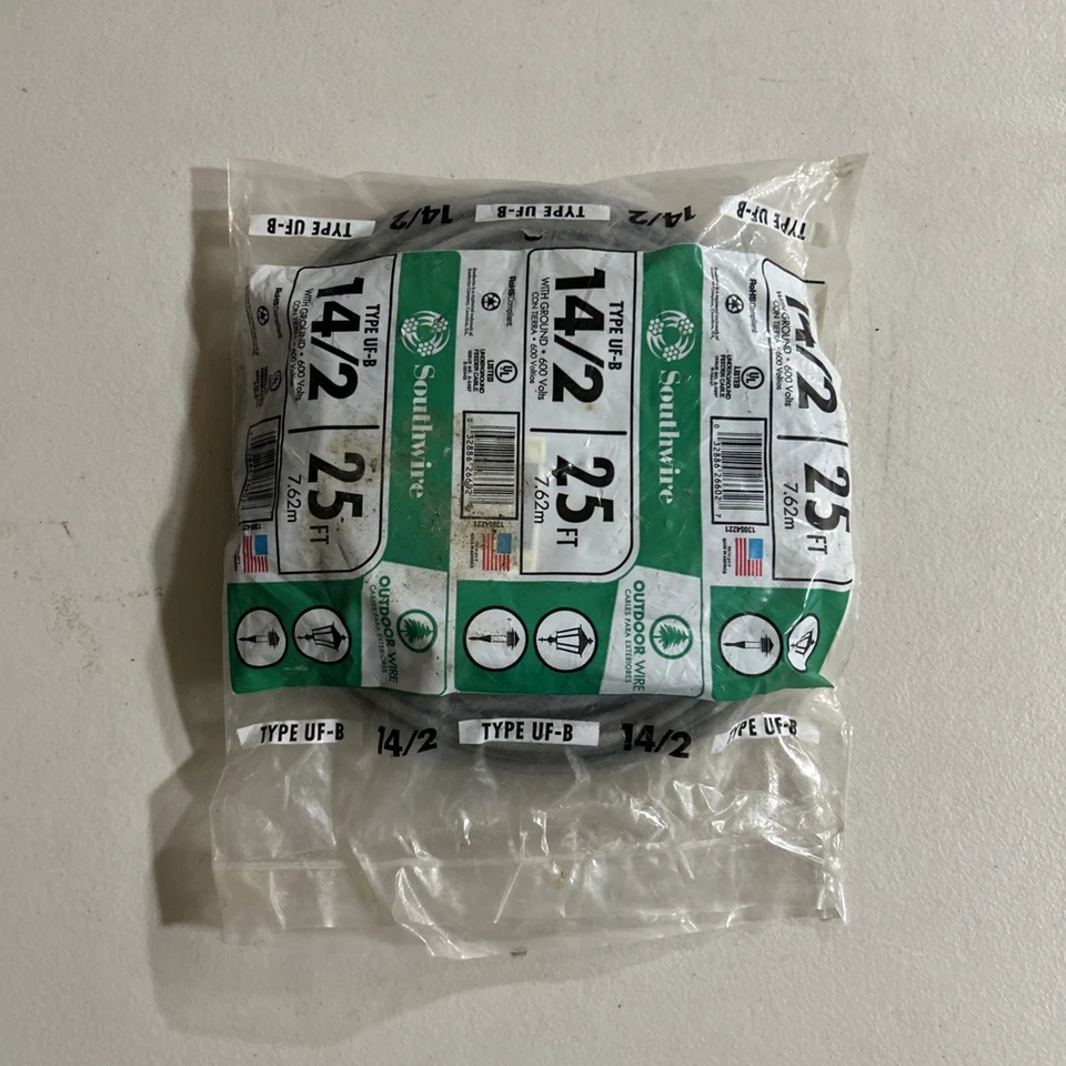 Alambre de cobre para exteriores Southwire tipo UF-B 14/2 con tierra 25 pies 600 voltios nuevo EE. UU. Foto 4 de 4