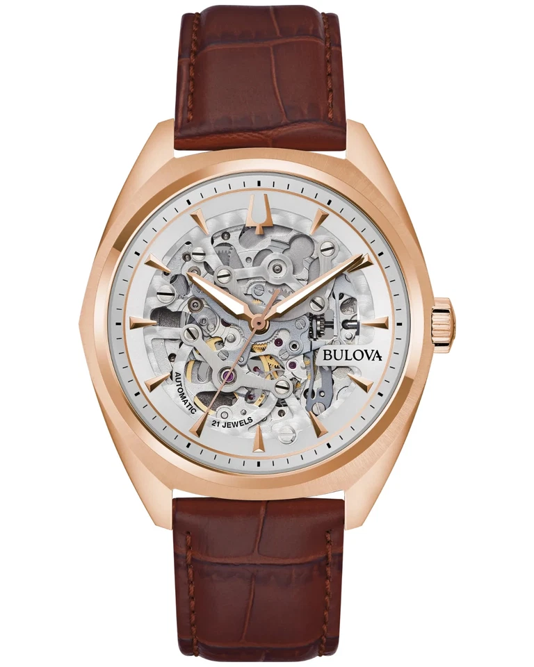 Bulova Men's Classic Automatic Full Skeleton Brown Leather Watch 41 MM 97A175