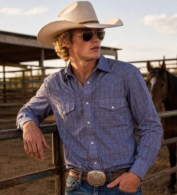 Panhandle Men s ML Blue Plaid Pearl Snap Western Shirt Long Sleeve Cowboy Rode