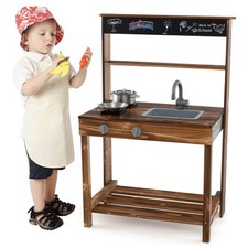 Kids Mud Kitchen Play Kitchen w/ Blackboard Stoves Removable Sink Natural