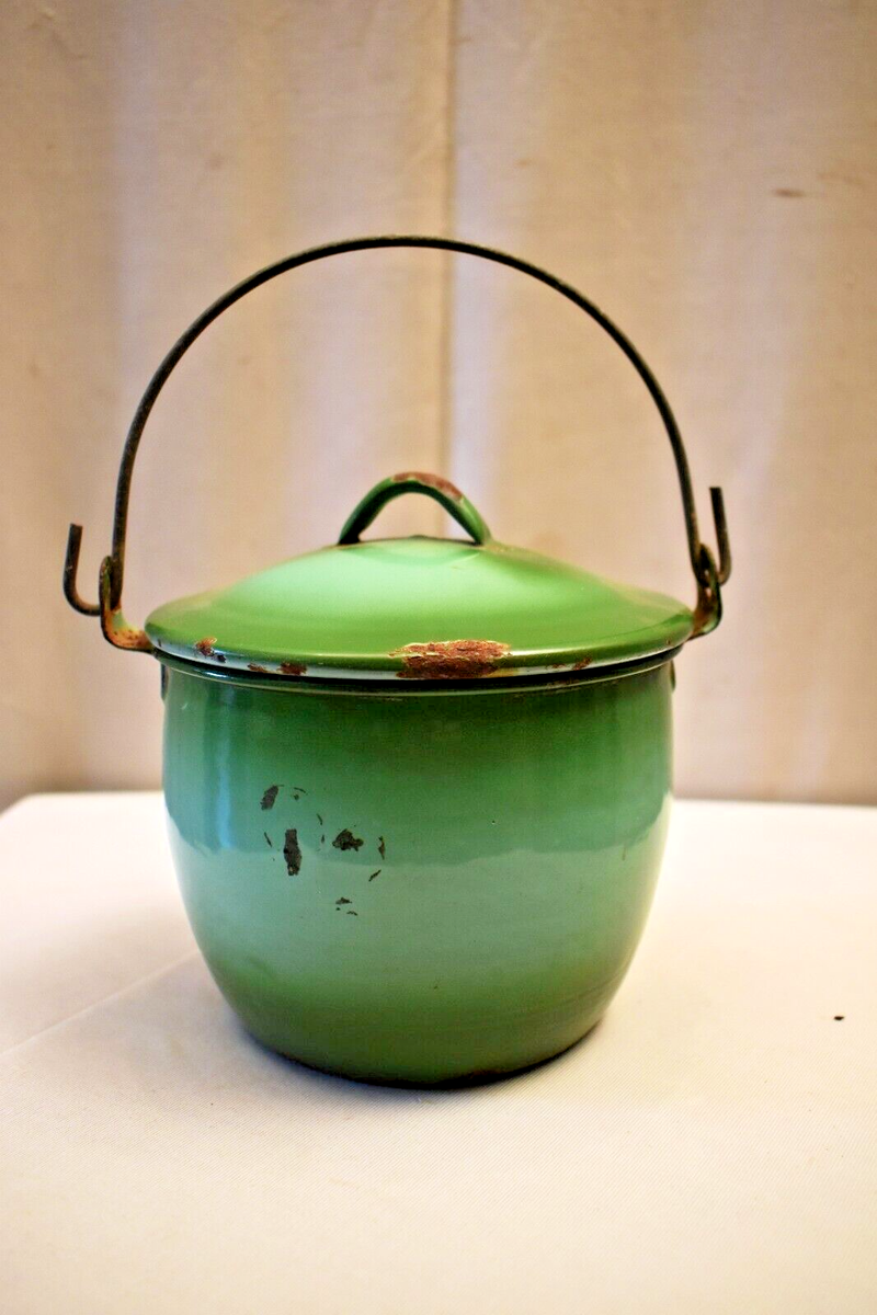 Vintage Green Enamel Metal Bucket Pot with Lid and Handle Belgium