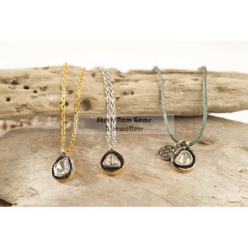 Collier En Argent 925 Avec Diamants Polki Tranche Naturelle - Style Victorien, 45.7cm