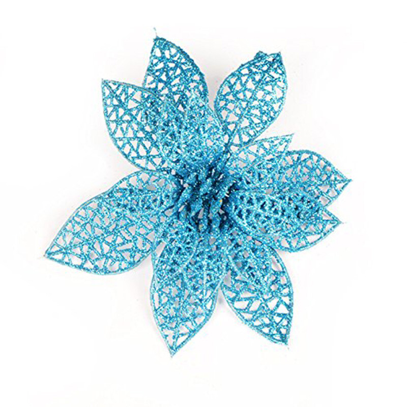 10pcs/Set Glitter Poinsettia Flowers Christmas Tree Ornaments Glitzy