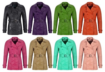 Damen Trench Classic Mittellange Zweireiher Lammleder Lederjacke Mantel