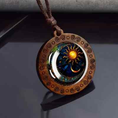 1pc Exquisite Glass & Wooden Pendant Necklace - Vibrant Colorful Sun & Moon