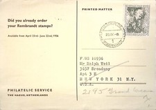 1956 Netherlands Philatelic Postcard with Rembrandt Stamp & Cancellation