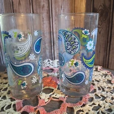 Vintage Pair of 2 Libbey Crisa Painted Retro Teal Blue Paisley Glasses Tumbler