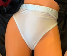 Shiny Wet Look Pure White Satin Spandex Hi Cut Leg  Waist Thong Panties Sz Med