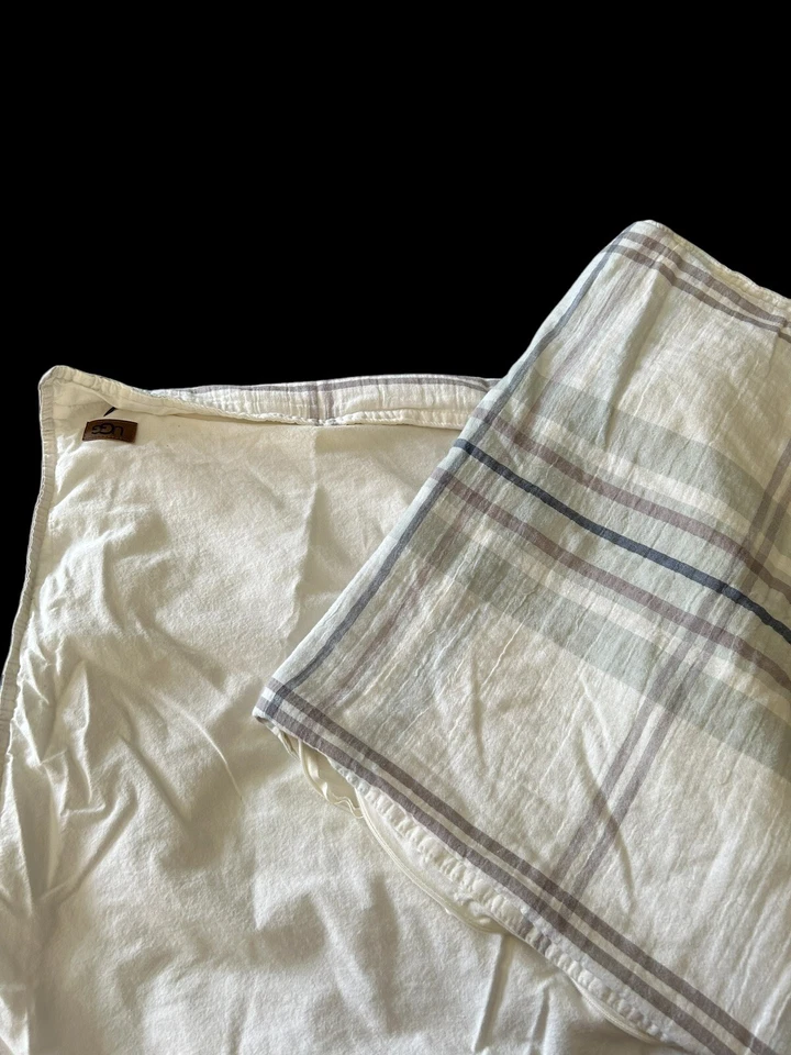 UGG Standard Set 2 Pillowcase Cotton Linen Blend Plaid Gray Blue on White - Image 3 of 4