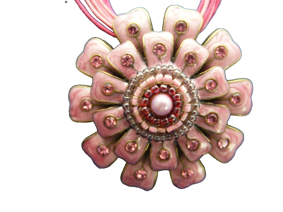 Avon 2" Large Enamel Brooch Corded Necklace Pink Rhinestones Beaded Flower