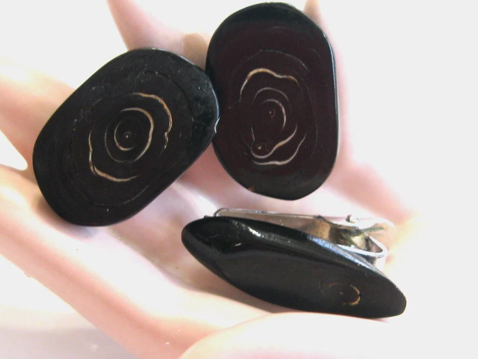 GEMELOS HAWAIANOS CORAL NEGRO PLATA ESTERLINA 925 MEDIADOS DE SIGLO MODERNOS MOD1950 Foto 2 de 4