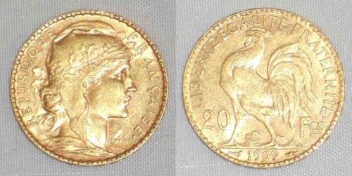 1909 Republic of France Gold Coin Twenty Francs Proud Rooster About Uncirculated