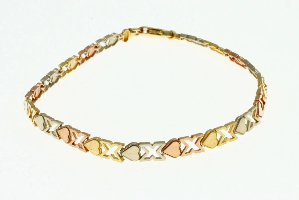 14kt Tri-Colored Gold Heart-Link Bracelet