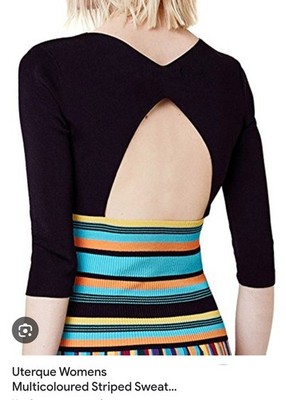 Ladies Neck Jumper. black with multicoloured stripes, v neck