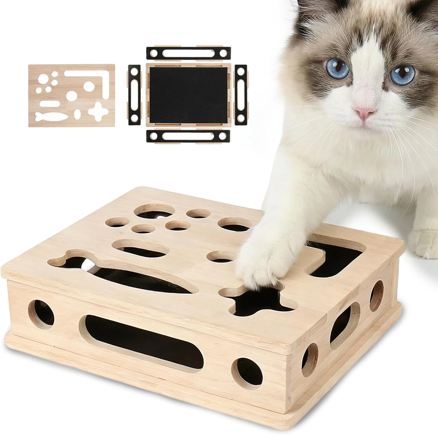 Cat Scratch Puzzle Enrichment Box, Smooth Solid Wood Cat Nail File Enrichment Bo