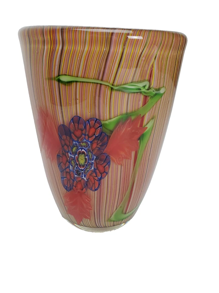 Jarrón alto de vidrio artístico 9" estilo Millefiori Murano rojo floral flujo arte elástico Foto 3 de 4
