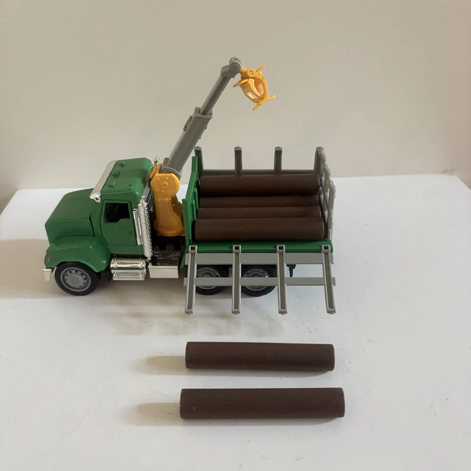 Green Toy Logging Truck with Crane and Logs – Diecast/Plastic Model – Used - Image 4 of 4