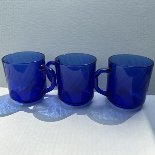 Vintage Arcoroc France Swirl Cobalt Blue Glass Coffee Mug Cup Set Of 3