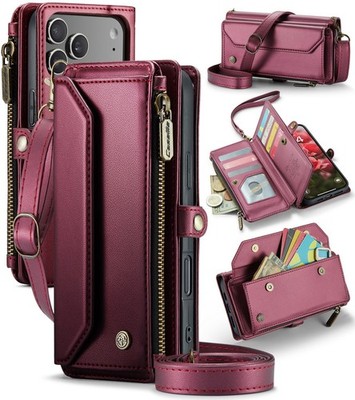 For iPhone 17/16/15/13 Crossbody Shoulder Credit Holder PU Leather Wallet Case