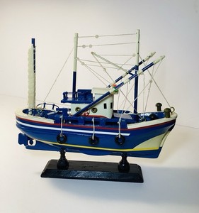 HAND BUILT WOODEN 2 MAST FISHING BOAT FULLY RIGGED 10” X 10”  VG TO EX COND L@@K