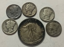 WALKING LIBERTY SILVER HALF & 5 MERCURY DIMES = $1 FACE 90% SILVER