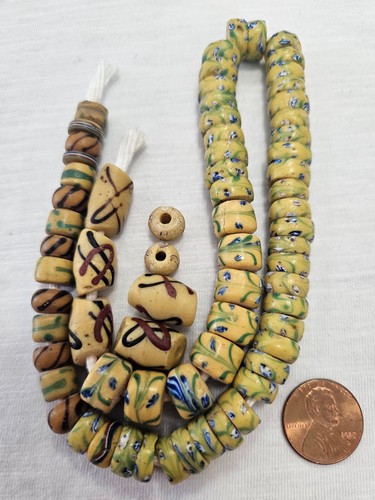 Antique Yellow African Trade Beads 15" Strand 67pc Pressed Glass 10-15mm