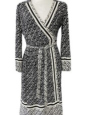 Donna Morgan Wrap Dress Womens 2 Black White Geometric Belted Long Sleeve