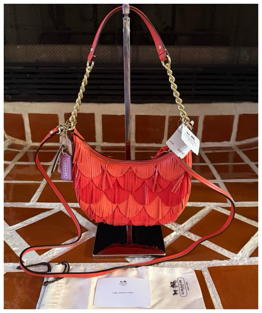 Coach Orange/Coral Fringe Leather Small Hobo Bag/Purse - NWT