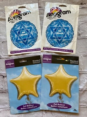 4 Bat mitzvah balloons lot Blue White Gold Mylar Foil balloons Star of David New - Photo 1/4
