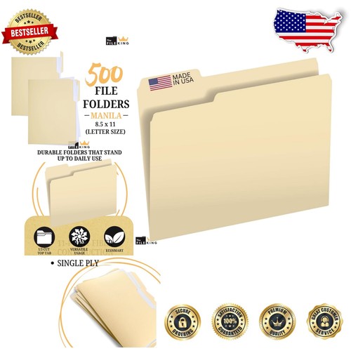 Assorted 1/3 Cut Tab Manila File Folders - 500 Bulk Pack for Easy Organization