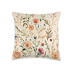 Wildflowers Vintage Floral Beige Background Throw Pillow 16x16 Multicolor