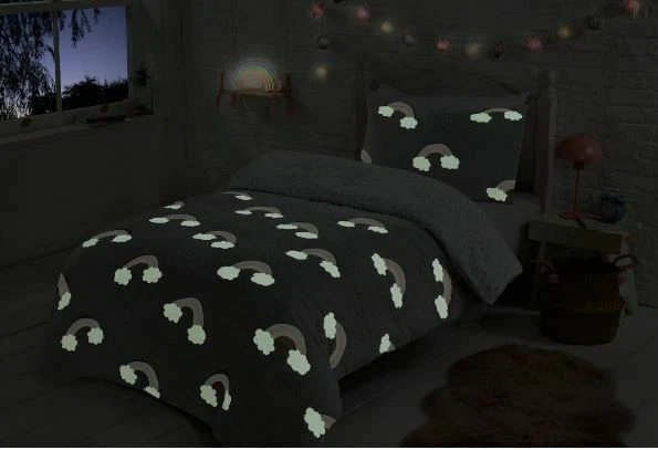 New Grey Kids Rainbow Glow In The Dark Fleece Duvet Set Single or Double - Image 3 of 3