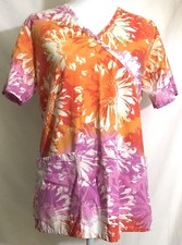 LOS ANGELES ROBE INC womens scrub shirt X-SMALL orange purple white floral A917