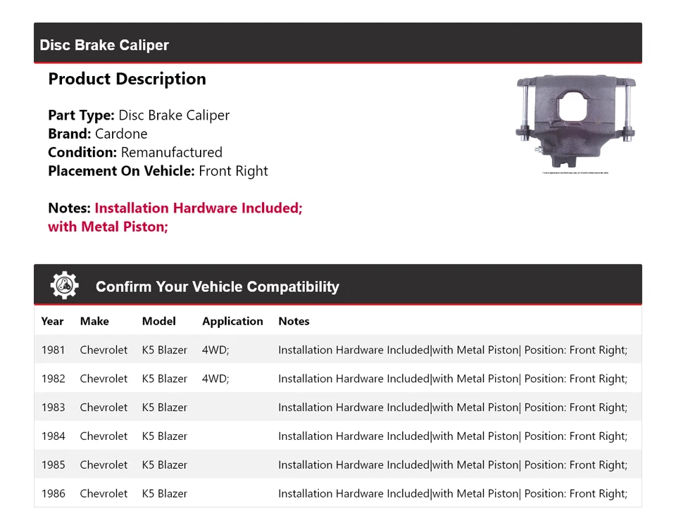 For 1981-1986 Chevrolet K5 Blazer Disc Brake Caliper Front Right Cardone 1982 - Image 2 of 4