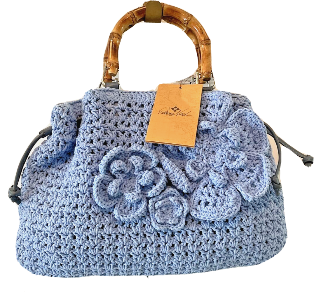 【希少】作家さん　crochet bag Patricia Nash Safflower Blue Cantinella Crochet Bag with Bamboo