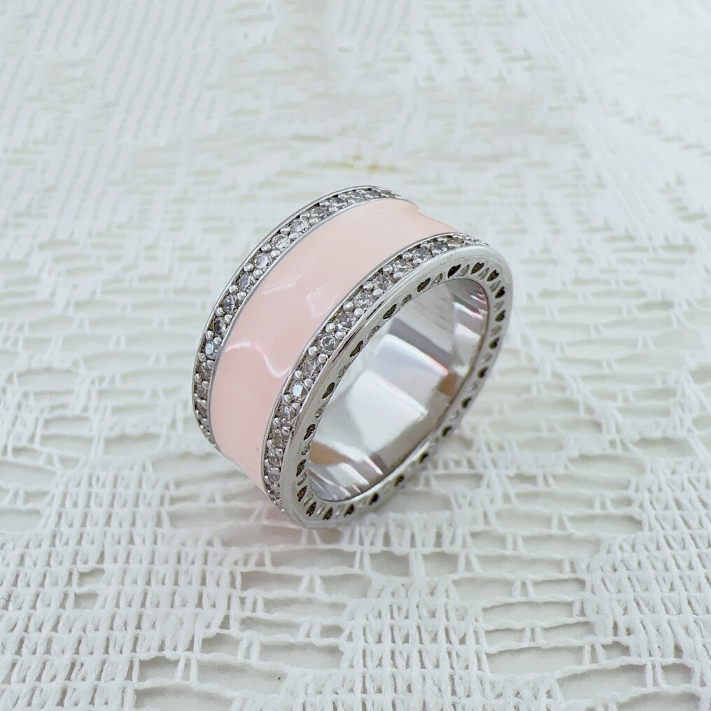 S925 PANDORA Sterling Silver Radiant Hearts Pink Enamel Band Ring