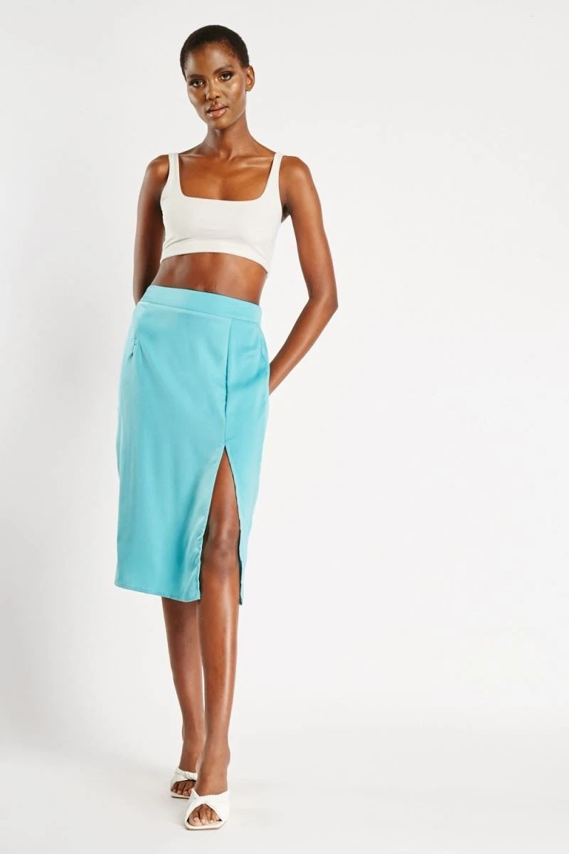 Amy Chloe Front Slit Silky Midi Skirt Elasticated Women Ladies Formal Casual