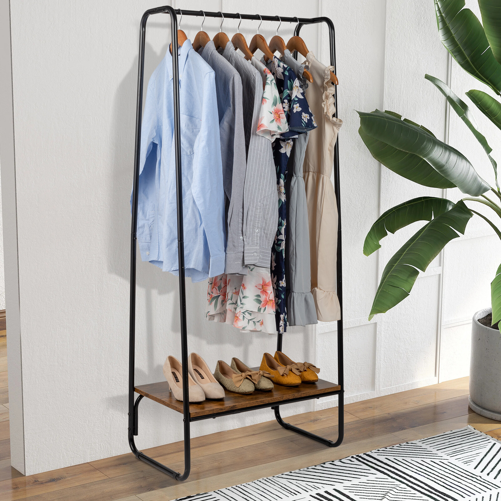 Clothes Rack with Wood Shelf, Freestanding Clothing Rack，Garment Rack-image