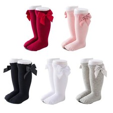 Baby Girls Knee High Socks Bow Tube Ruffled Knit Cotton Long Stockings for In...