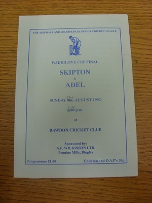 23/08/1992 Cricket Programme: Airedale & Wharfedale Waddilove Cup Final - Skipto
