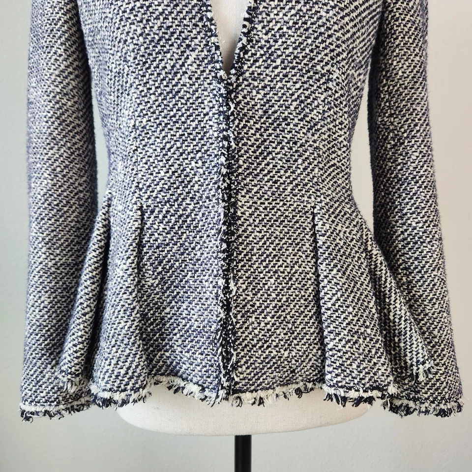 Rebecca Taylor Tweed Peplum Knit Cropped Blazer Jacket Black Gray Blue Size 6 - Image 4 of 4