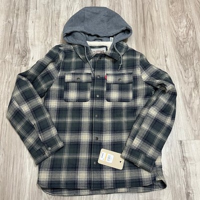 Levi Strauss Plaid Hooded Sherpa Jacket Men's Small Flannel Shirt Jacket