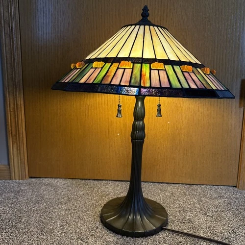 Vintage Tiffany Style Stained Glass Table Lamp Double Bulb Metal Base