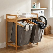 Bamboo Double Laundry Hamper with 2 Removable Sorting Bags and Top Shelf