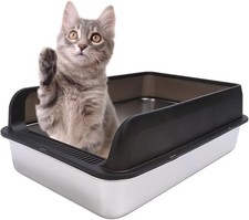 Black Stainless Steel Cat Litter Box with Large Litter Pan with High Side